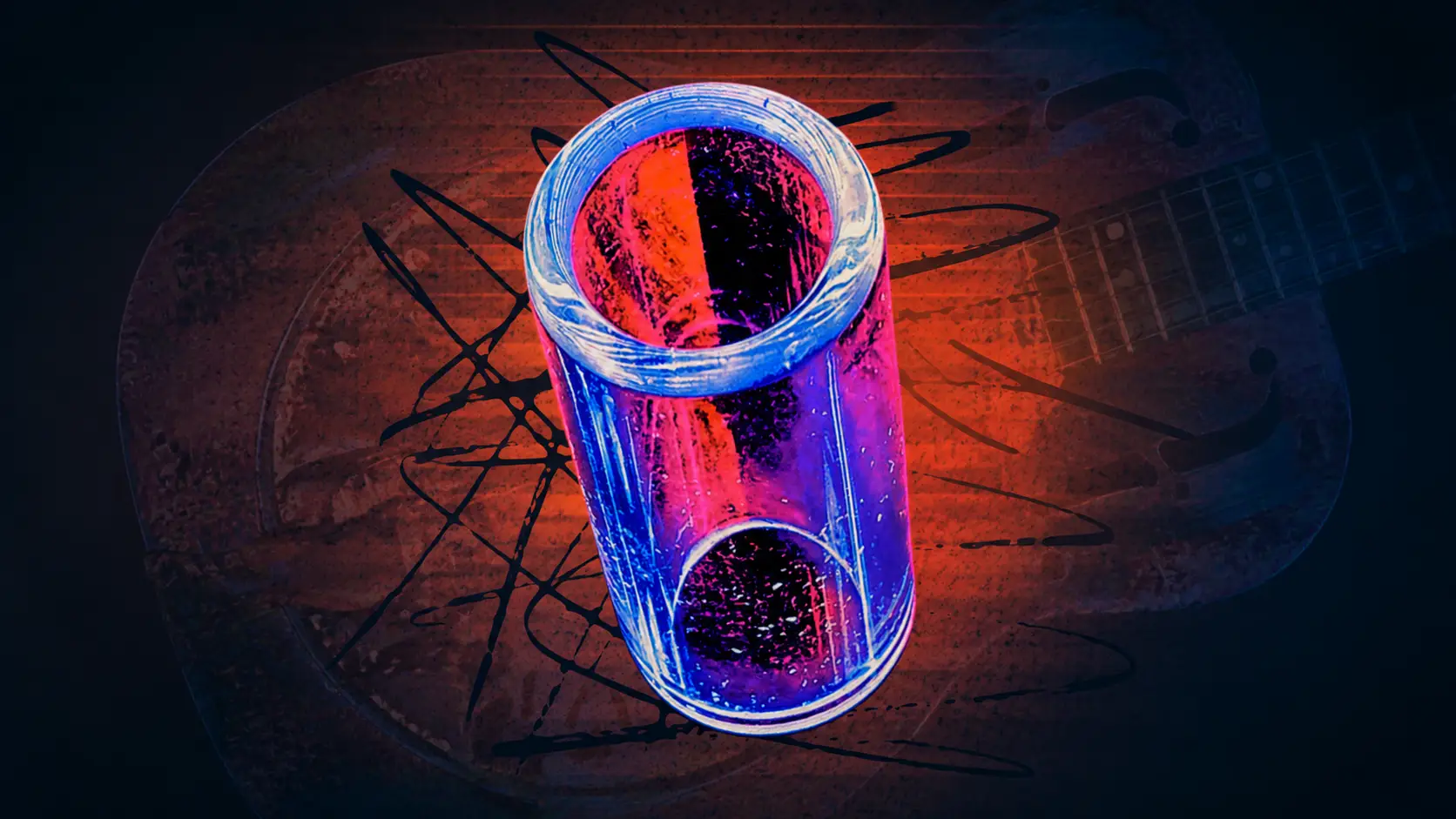 Slide de vidro para guitarra blues com iluminacao neon azul e vermelho
